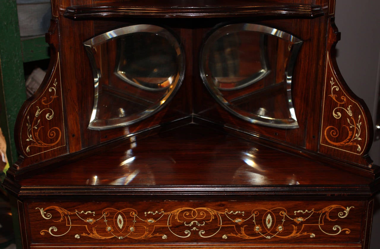 19th Century English Inlaid Rosewood Corner Cupboard with Marquetry 1