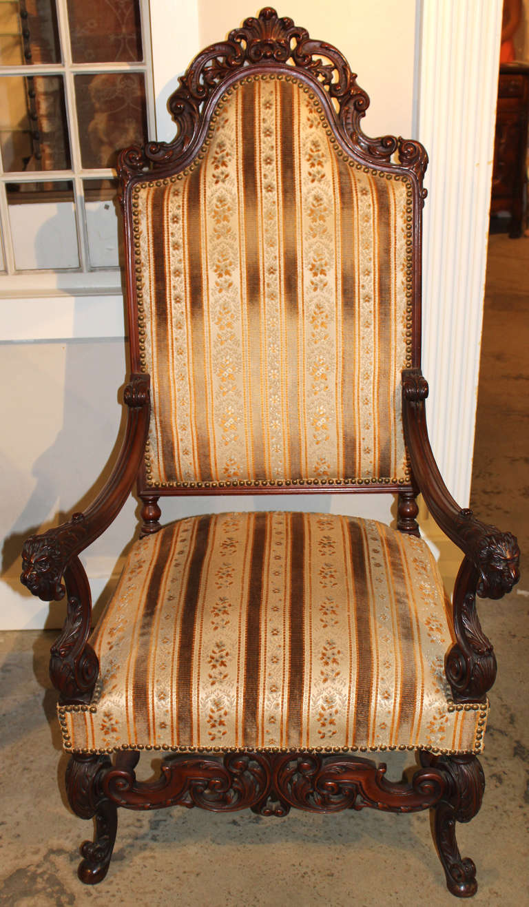 19th Century Renaissance Revival Chair with Carved Lion Hand Grips In Excellent Condition In Milford, NH