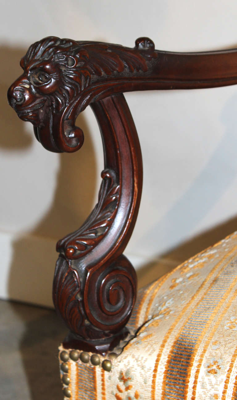 Mahogany 19th Century Renaissance Revival Chair with Carved Lion Hand Grips