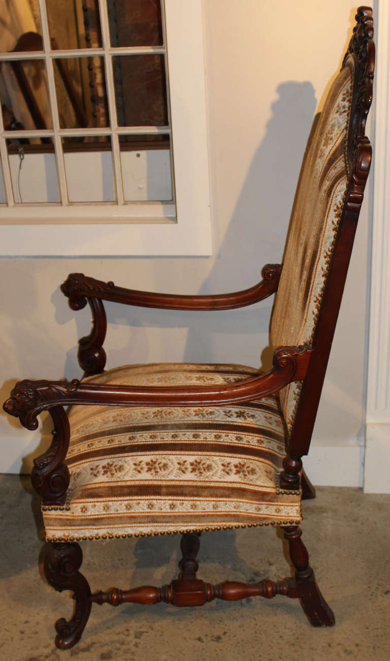 19th Century Renaissance Revival Chair with Carved Lion Hand Grips 3