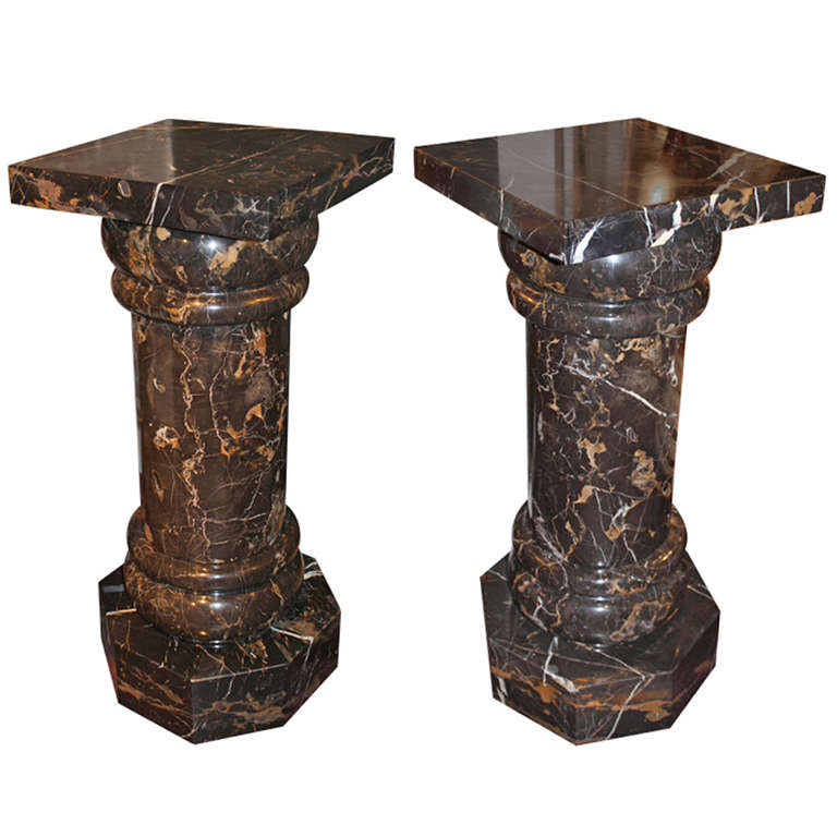 Pair of Black Marble Pedestals or Columns with Octagonal Bases For Sale
