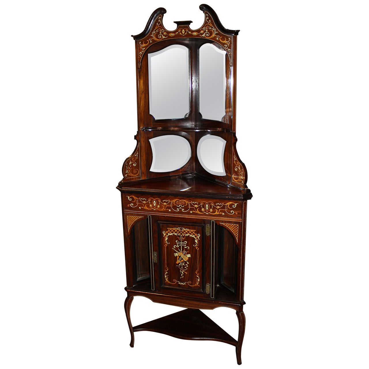 19th Century English Inlaid Rosewood Corner Cupboard with Marquetry
