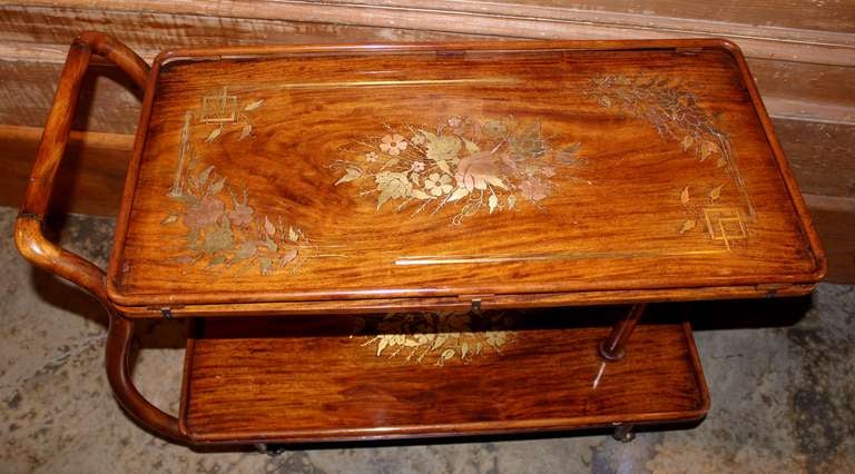 Mid-Century Aesthetic Copper and Brass Inlaid Tea or Bar Cart In Good Condition In Milford, NH