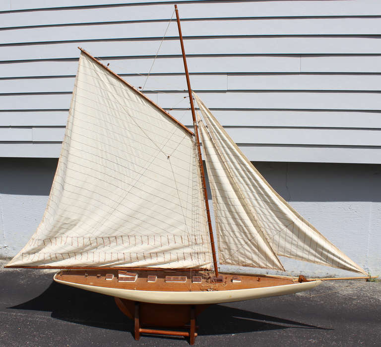 Large Mahogany Pond Boat on Custom Stand In Good Condition In Milford, NH