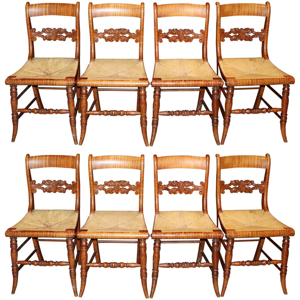 Set of Eight New England Tiger Maple Chairs, early 19th century
