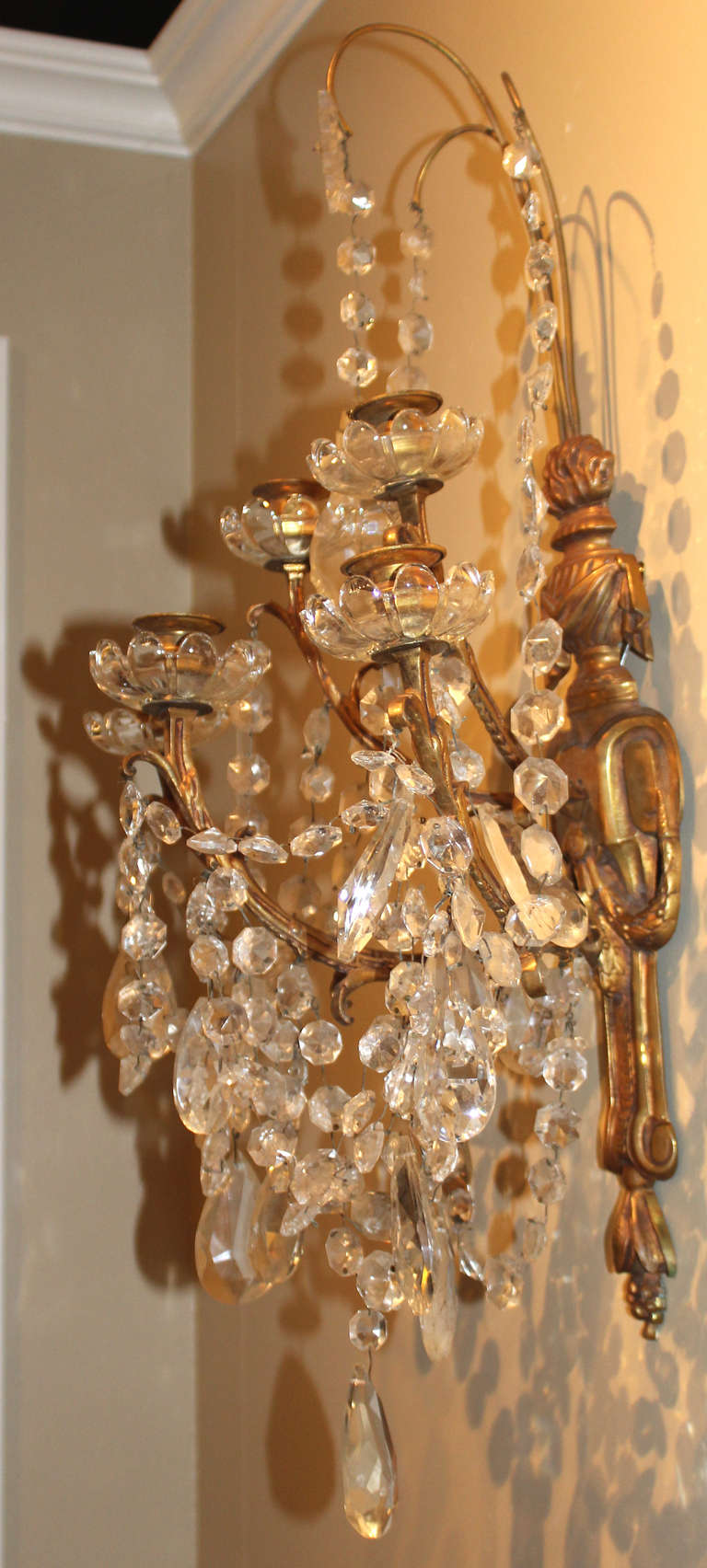 Pair of Large Crystal & Bronze Wall Sconces In Good Condition In Milford, NH