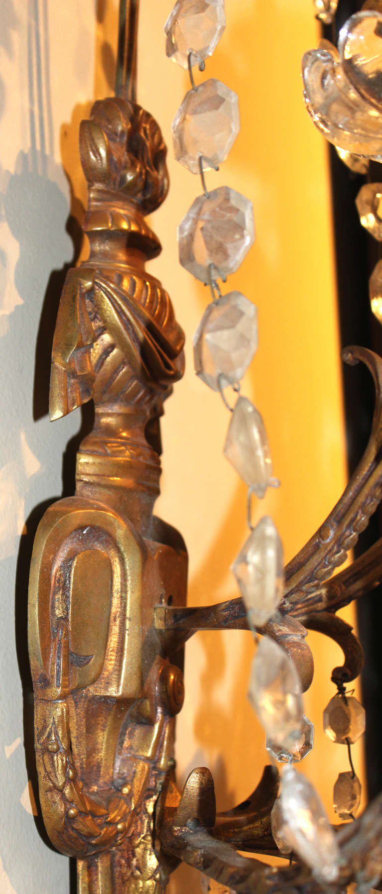 20th Century Pair of Large Crystal & Bronze Wall Sconces
