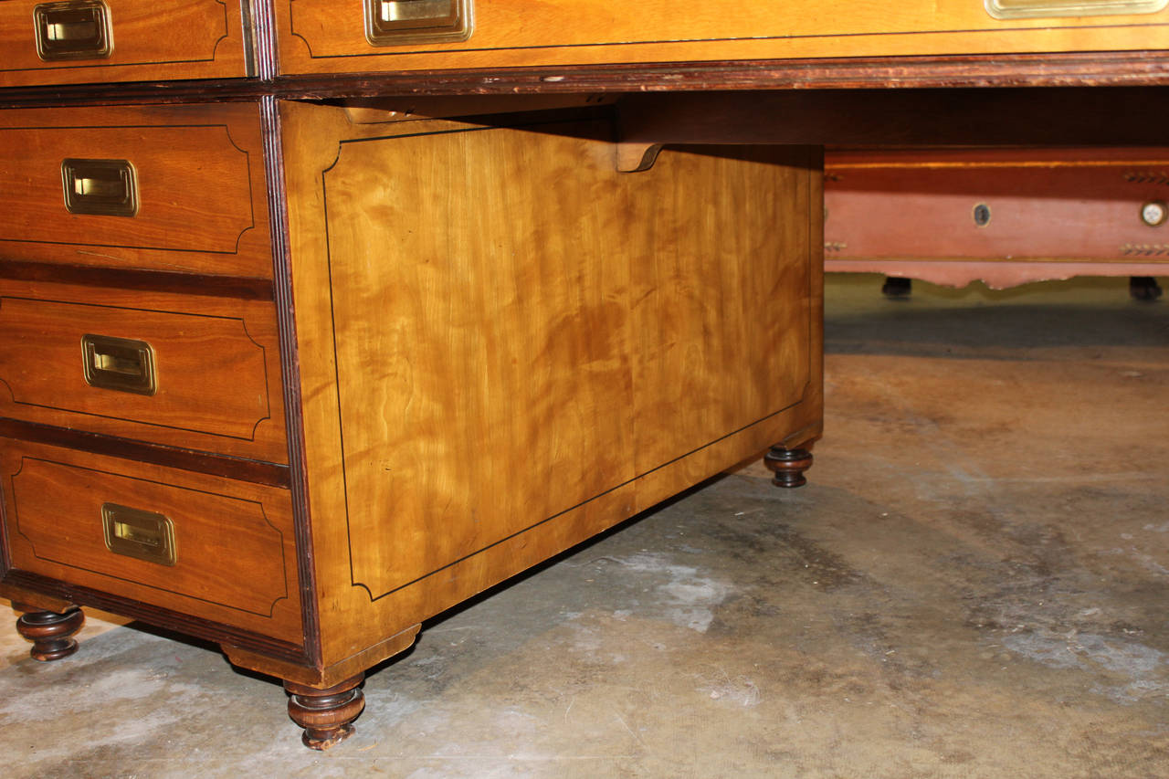 Baker Furniture Campaign Style Leather Top Partners Desk In Good Condition In Milford, NH