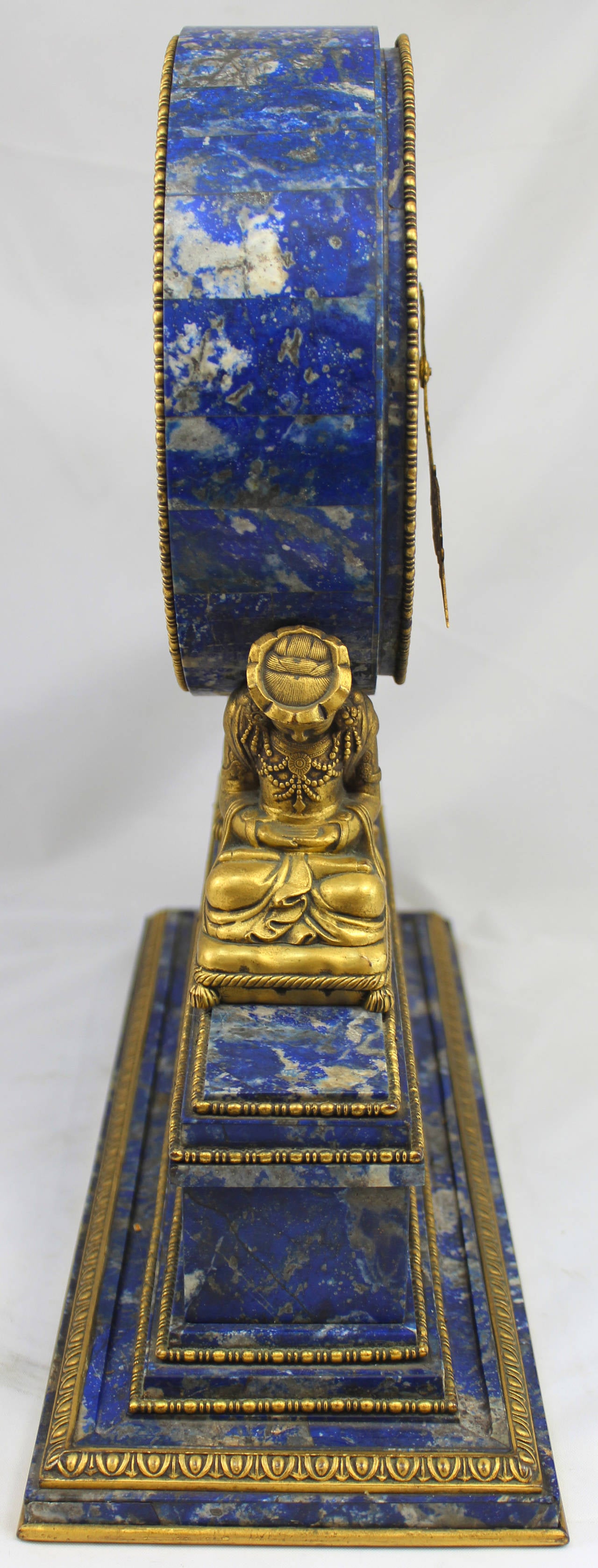 Polished Brazilian Lapis Lazuli Mantel Clock in Chinese Motif, Signed Caldwell