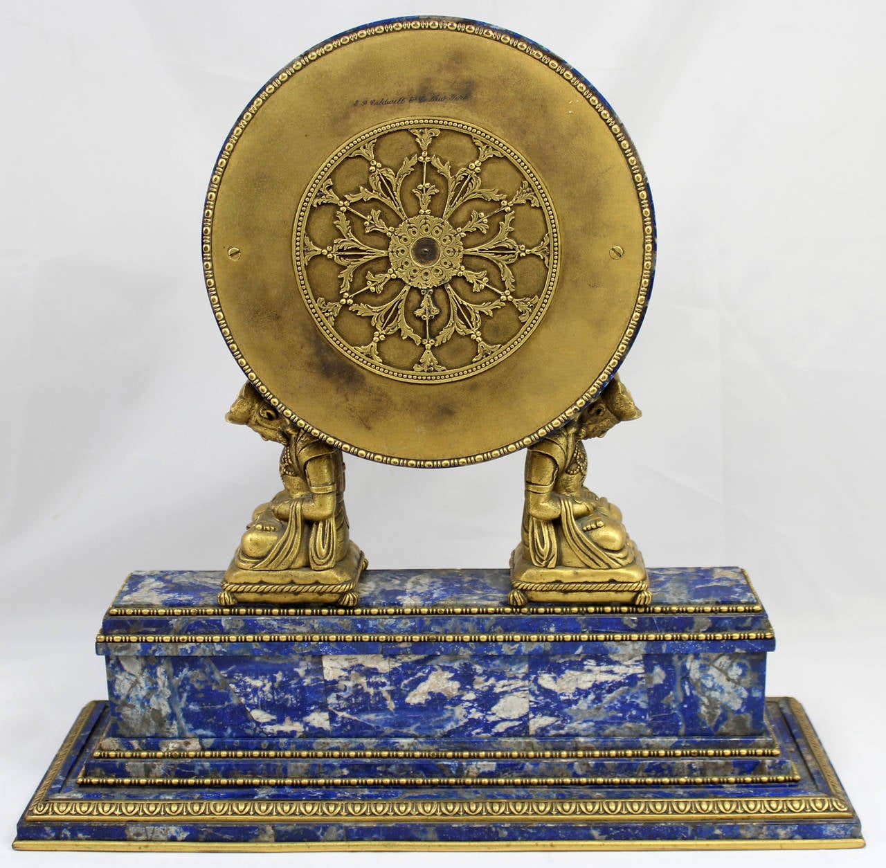 Brazilian Lapis Lazuli Mantel Clock in Chinese Motif, Signed Caldwell In Excellent Condition In Milford, NH