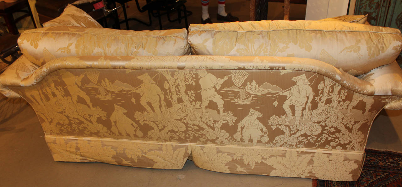 American Pair of Kindel Furniture Chinoiserie Silk Upholstered Sofas