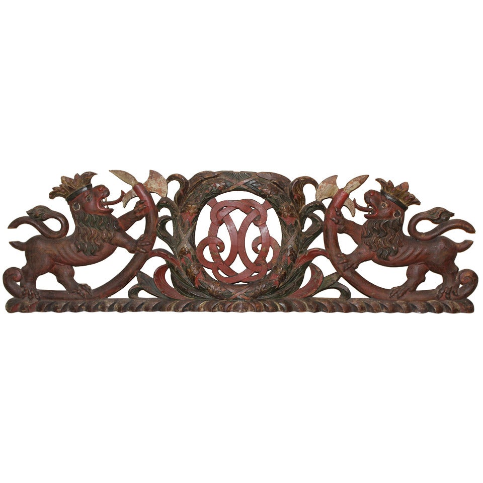 19th Century Continental Carved Wooden Polychrome Crest
