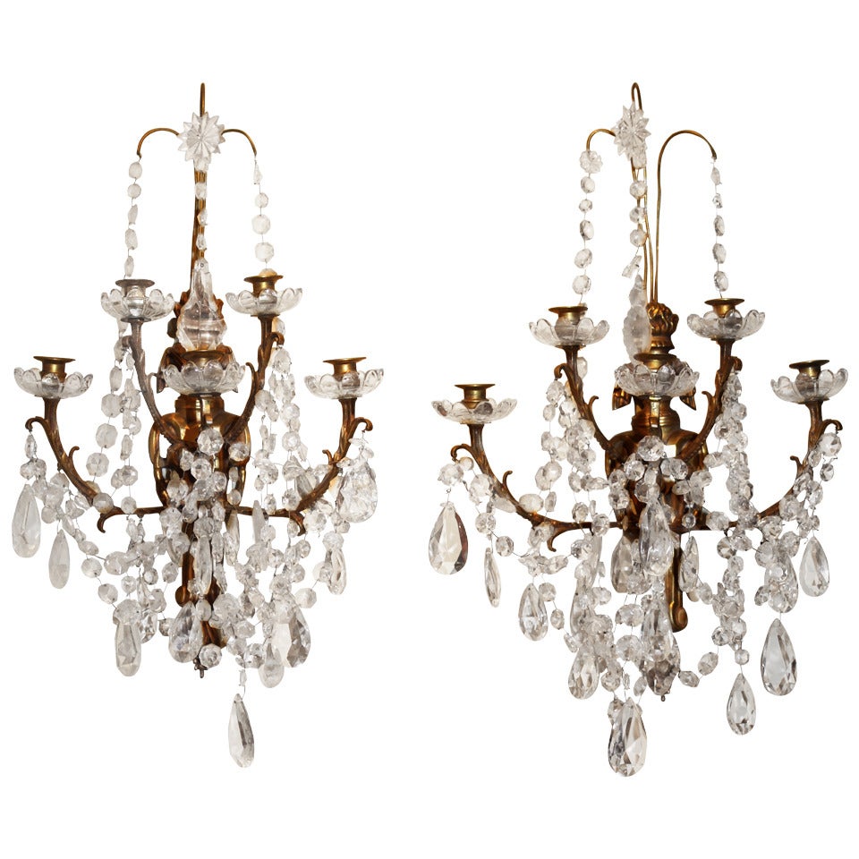 Pair of Large Crystal & Bronze Wall Sconces