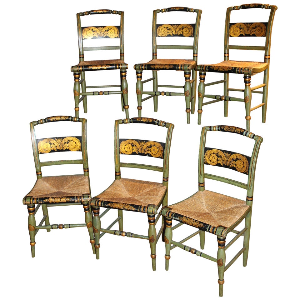 Exceptional Set of Six 19th c American Fancy Chairs Decorated by Ruth Hicks
