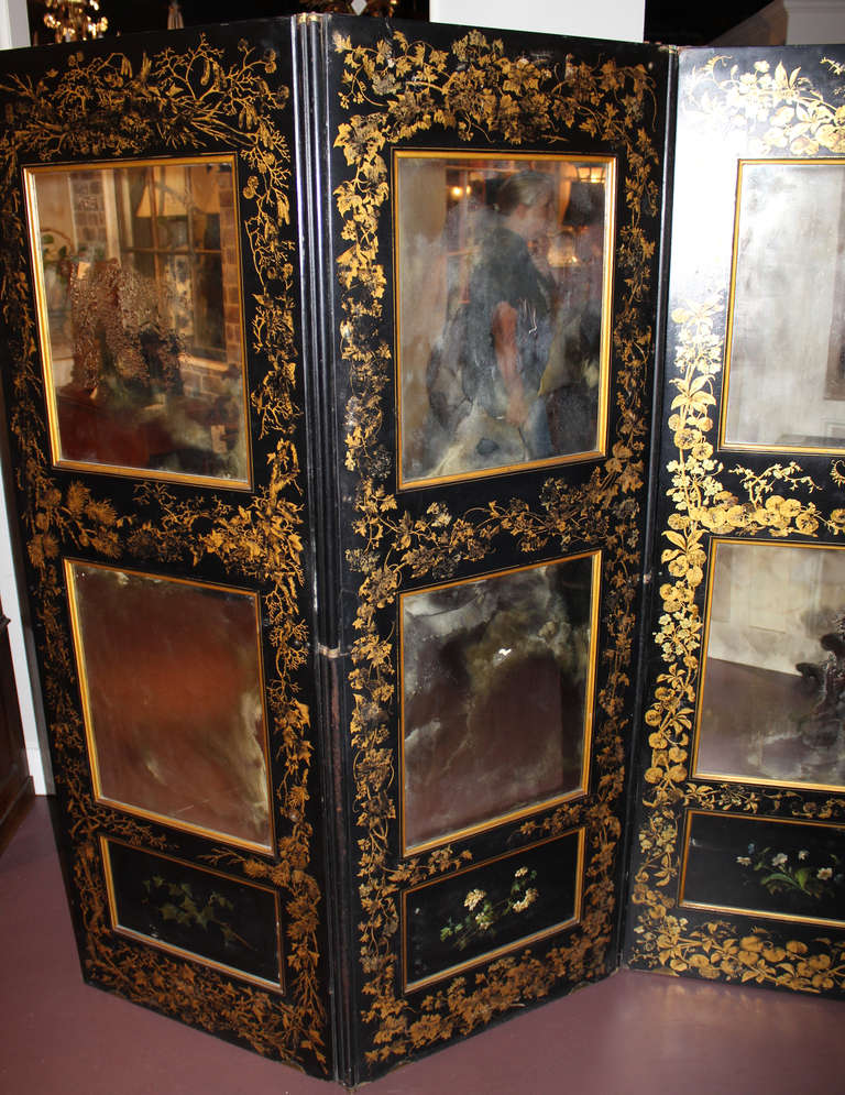 English Black Lacquer, Gold Decorated, Three Section Mirrored Screen In Excellent Condition In Milford, NH