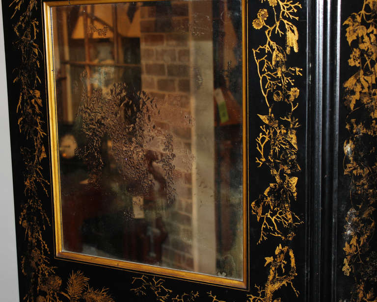 19th Century English Black Lacquer, Gold Decorated, Three Section Mirrored Screen