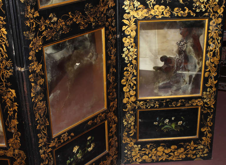 Wood English Black Lacquer, Gold Decorated, Three Section Mirrored Screen