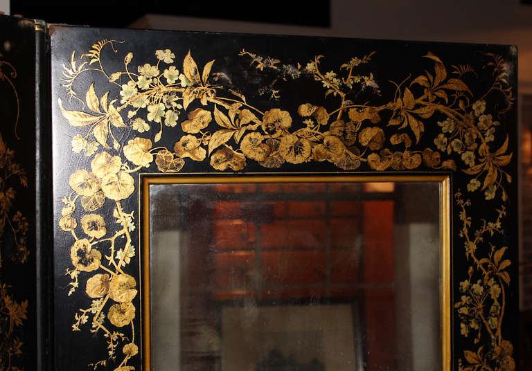 English Black Lacquer, Gold Decorated, Three Section Mirrored Screen 1