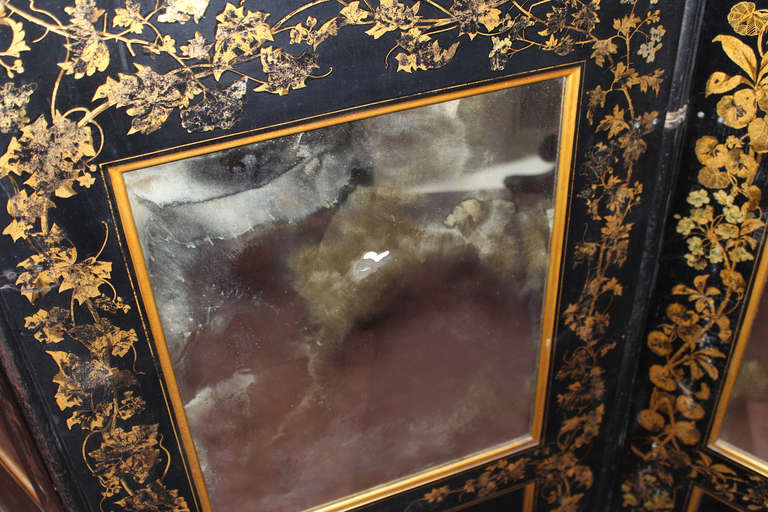 English Black Lacquer, Gold Decorated, Three Section Mirrored Screen 2
