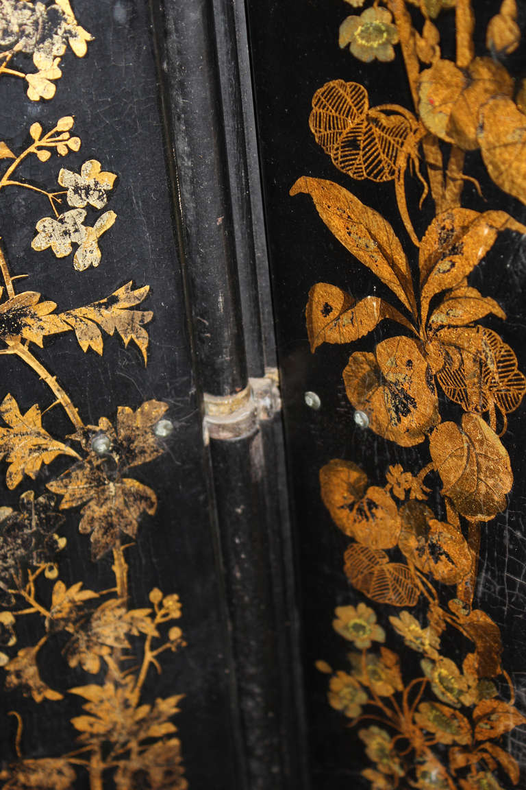 English Black Lacquer, Gold Decorated, Three Section Mirrored Screen 3