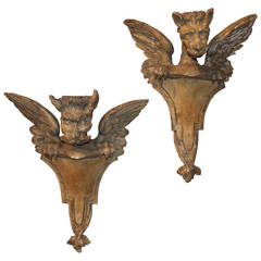 Pair of 19th Century Polychrome Carved Wooden Dragon or Griffin Wall Brackets