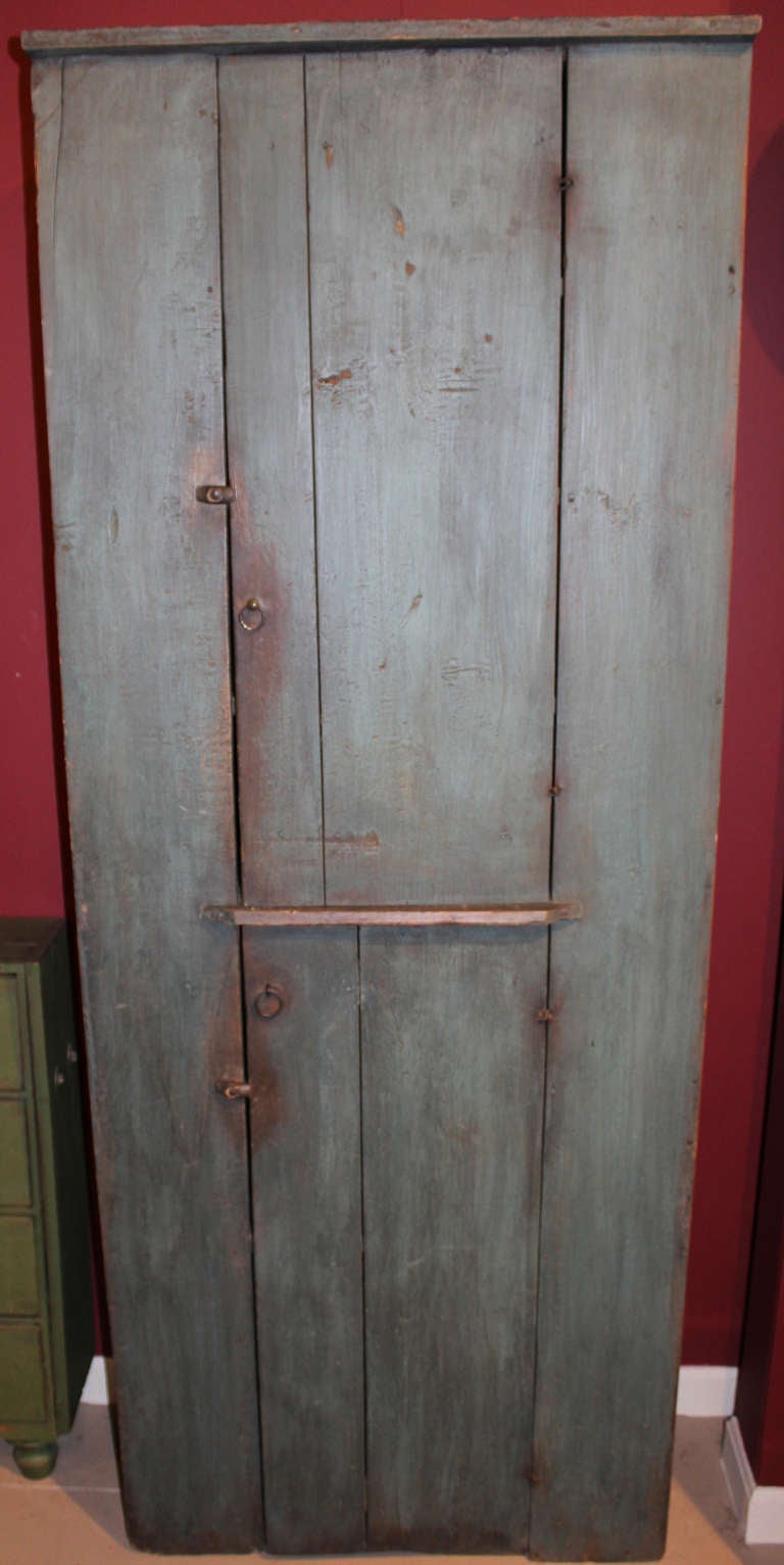American Early 19th Century, Two Door Paneled Pine Cupboard in Blue Paint