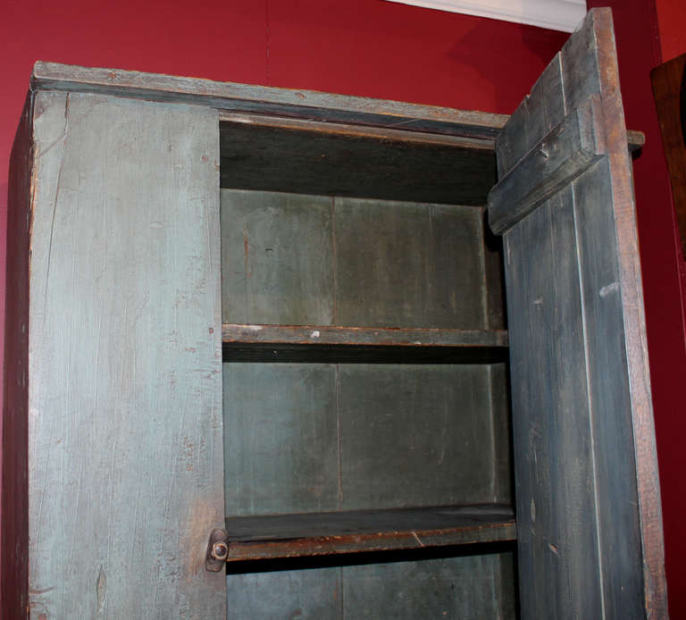 Early 19th Century, Two Door Paneled Pine Cupboard in Blue Paint 1