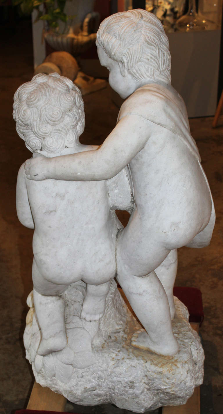 20th Century Carved Marble Statue of Two Children with Doves