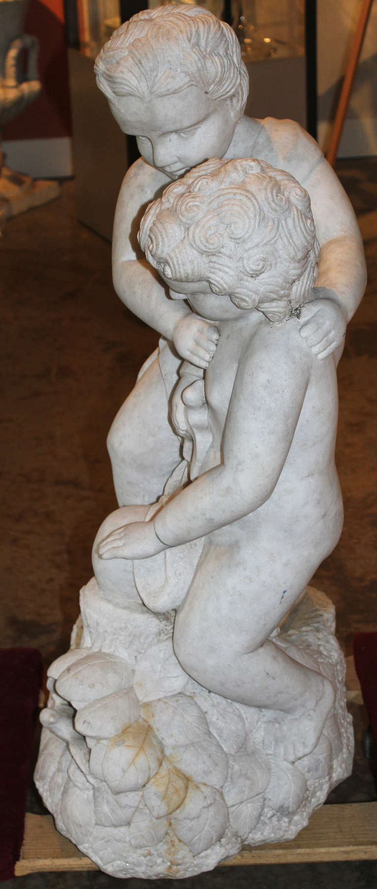 Carved Marble Statue of Two Children with Doves 1