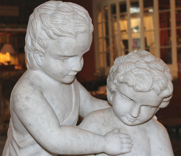 Carved Marble Statue of Two Children with Doves 2