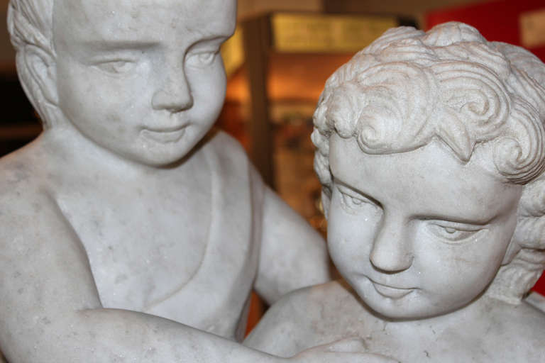 Carved Marble Statue of Two Children with Doves 3