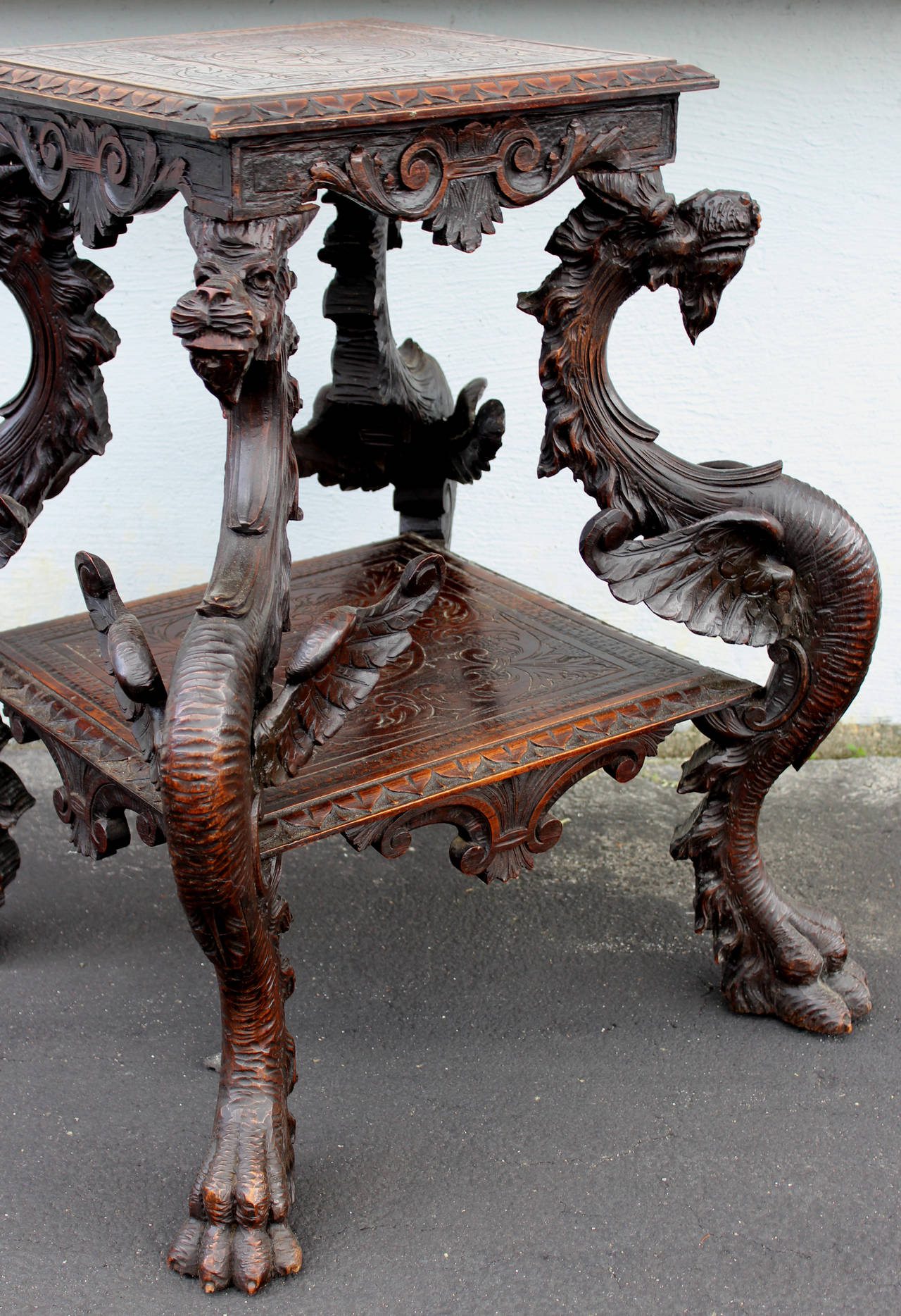 19th Century Continental Carved Tiered Pedestal Table with Dragon Supports In Excellent Condition In Milford, NH