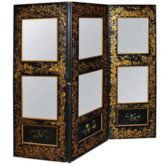 English Black Lacquer, Gold Decorated, Three Section Mirrored Screen