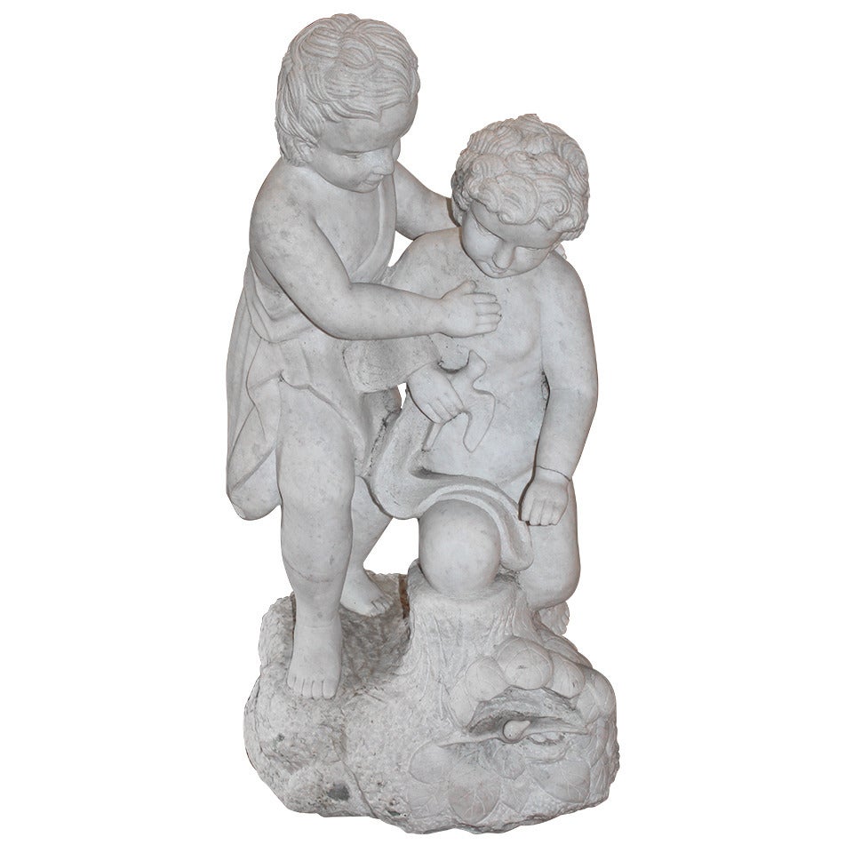Carved Marble Statue of Two Children with Doves