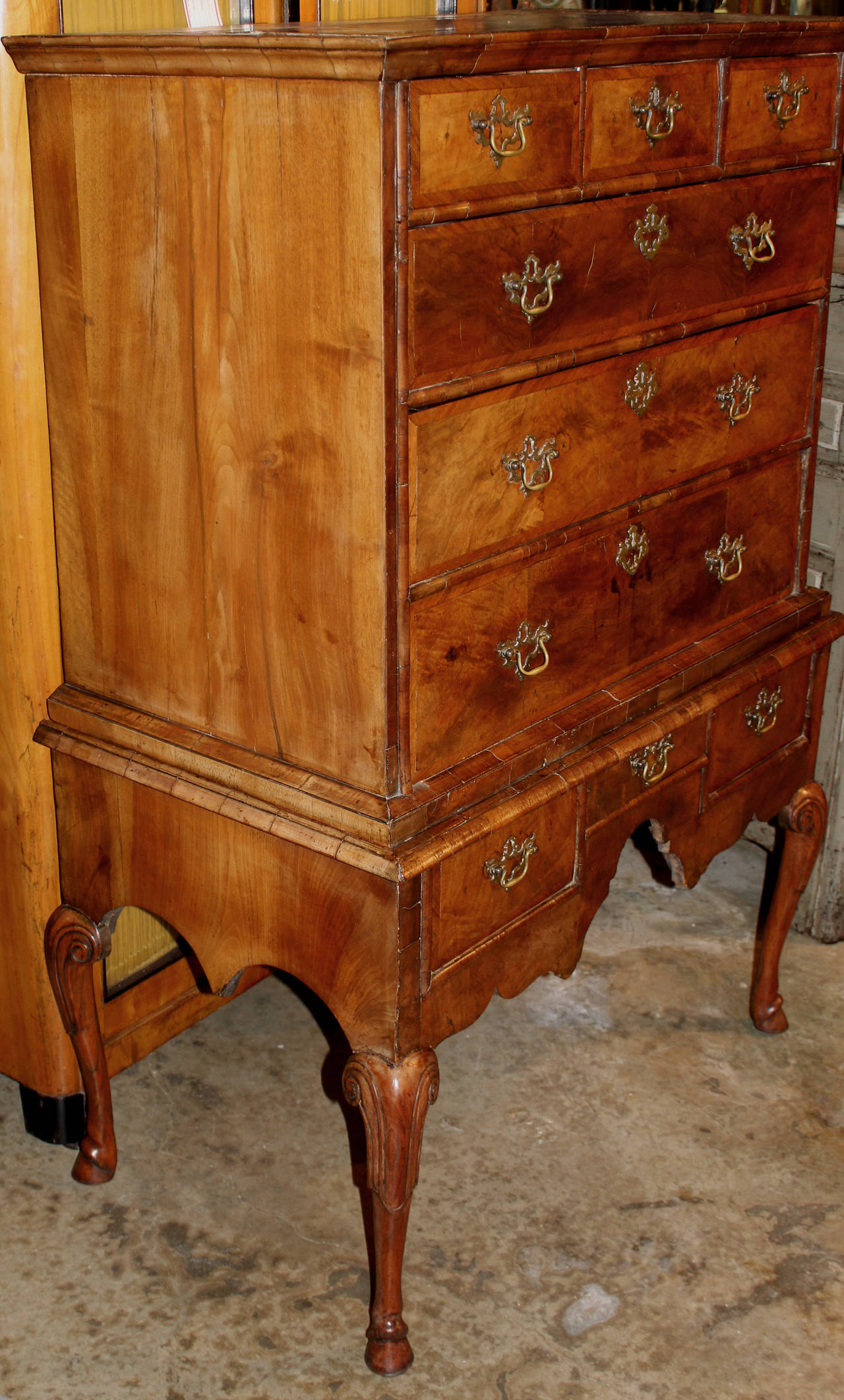 18th Century and Earlier 18th Century English High Chest in Burled and Banded Walnut Veneer