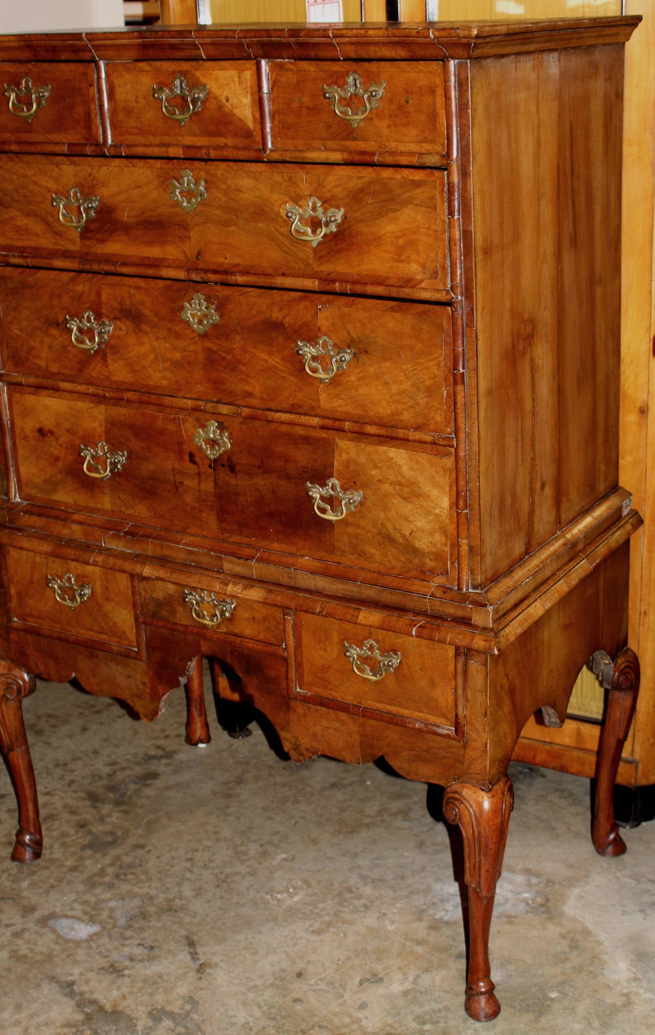 18th Century English High Chest in Burled and Banded Walnut Veneer 1