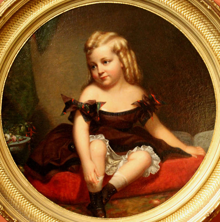 Spectacular 19th c. Portrait of a Young Girl in a Giltwood Frame In Excellent Condition In Milford, NH