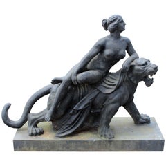 19th Century Cast Iron Garden Statue of Classical Woman and Lioness