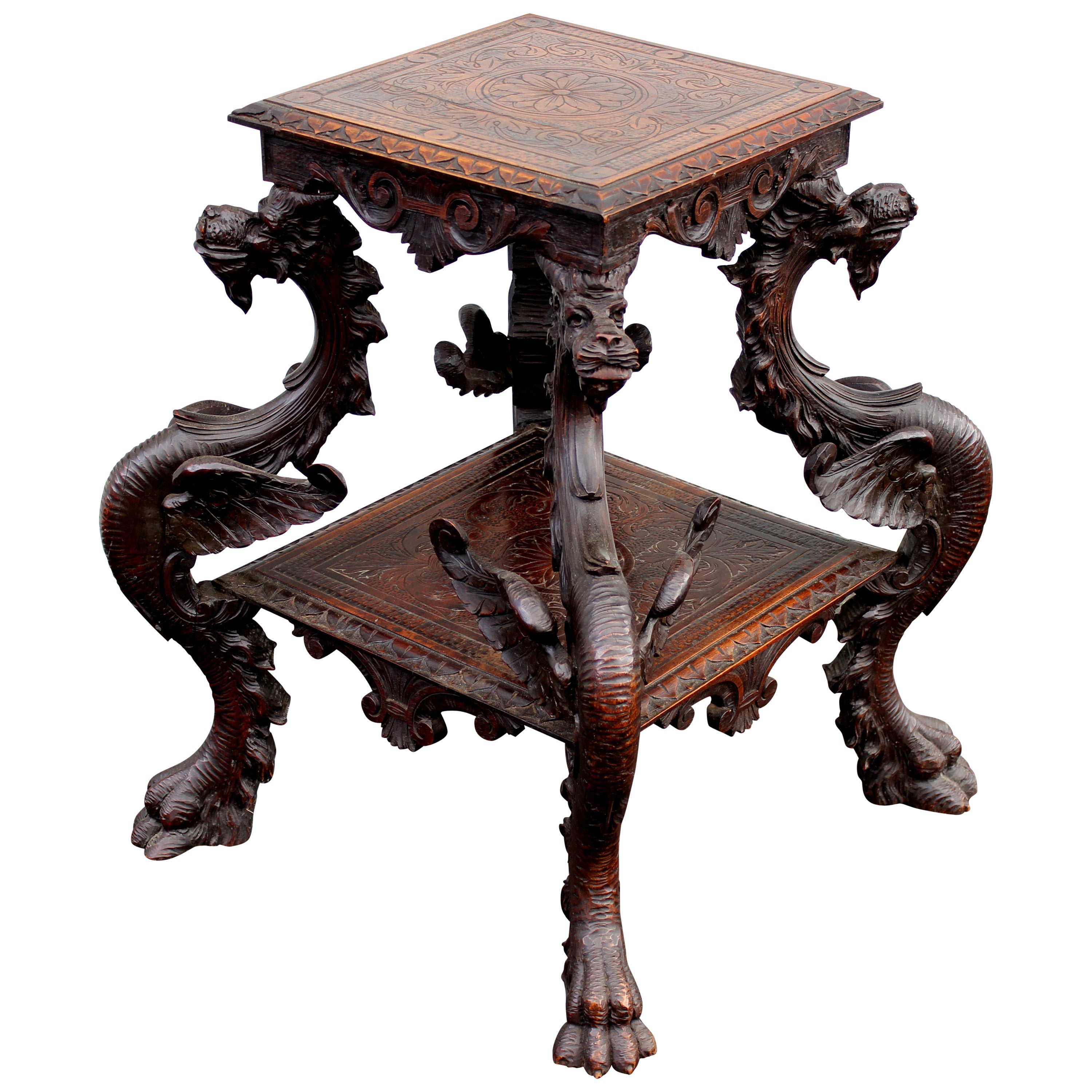 19th Century Continental Carved Tiered Pedestal Table with Dragon Supports