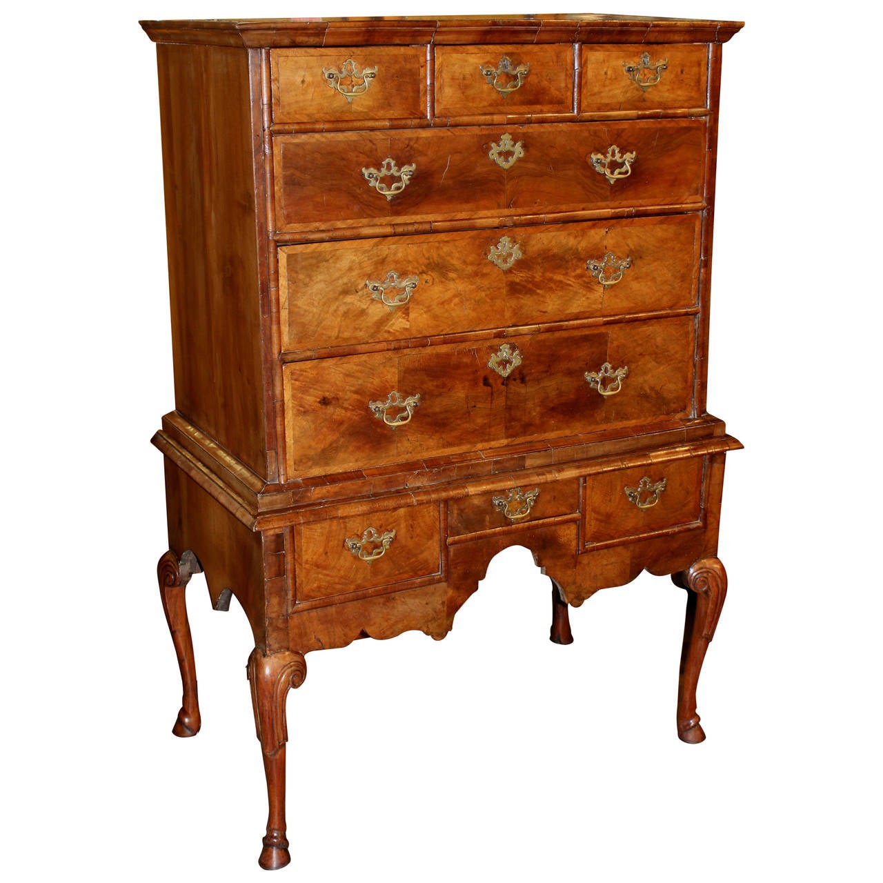 18th Century English High Chest in Burled and Banded Walnut Veneer For