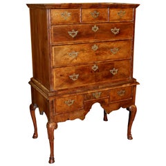 18th Century English High Chest in Burled and Banded Walnut Veneer