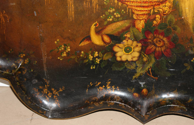 Tin 19th Century English Tole Tray with Peacock and Chinoiserie Decoration