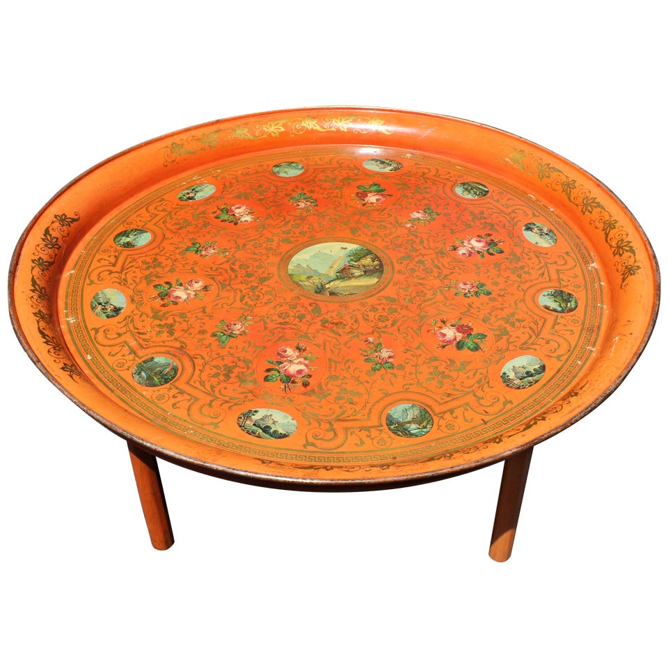 Large tole tray table with decoupage and gilding