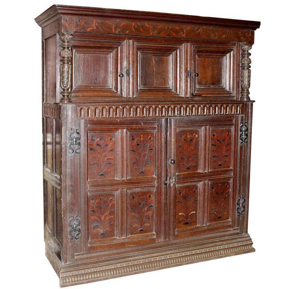 17th century Oak English Court Cupboard with Floral Inlay