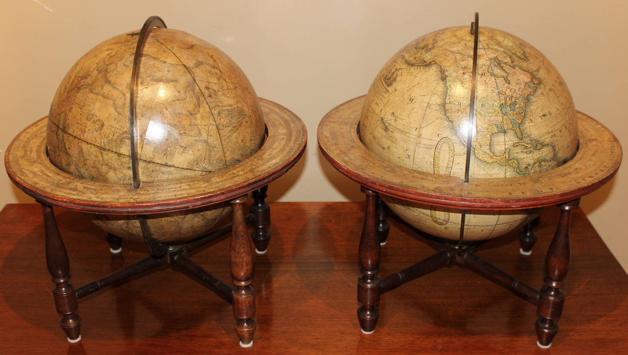 Pair of 19th Century J. Wilson Terrestrial, Celestial Globes on Table