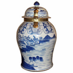 Large 19th Century Chinese Export Blue and White Brass Mounted Storage Jar