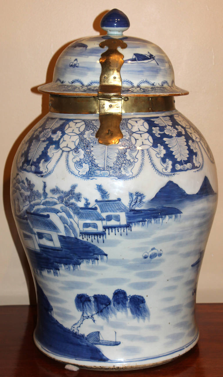 Large 19th Century Chinese Export Blue and White Brass Mounted Storage Jar