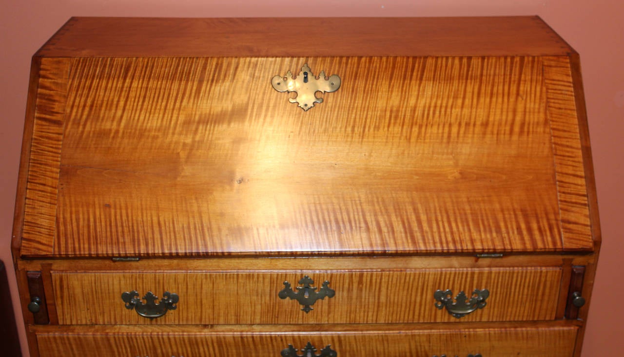 A New England tiger maple slant front desk, possibly Rhode Island, circa 1775, with double step interior, central prospect door, four graduated drawers, ogee bracket feet, and possibly original brasses.