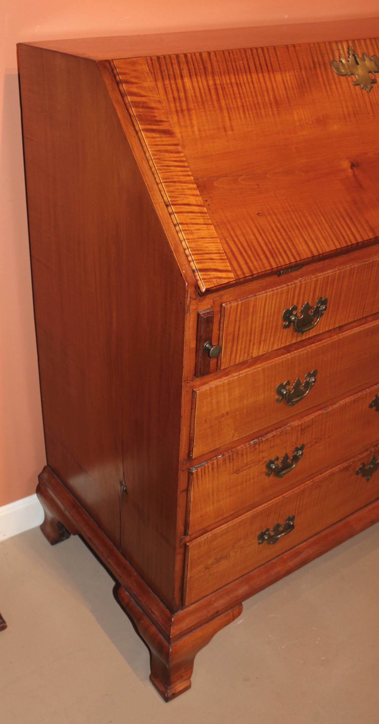 Carved New England Tiger Maple Slant Front Desk circa 1775