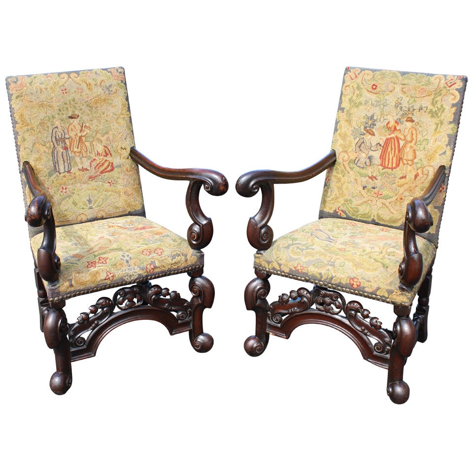 Pair of 19th c William & Mary Style Armchairs